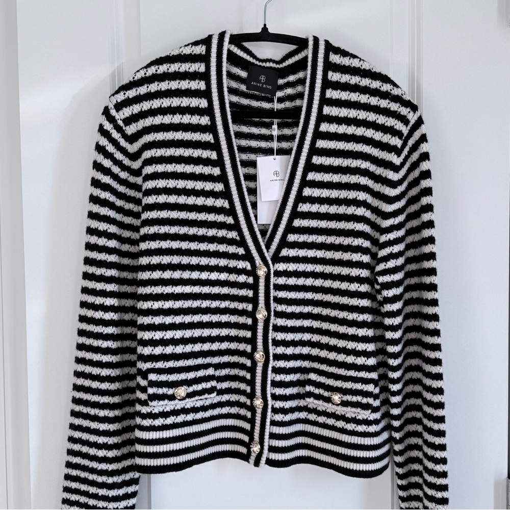 NWT Anine Bing Gwen Cardigan in Black and White Stripe